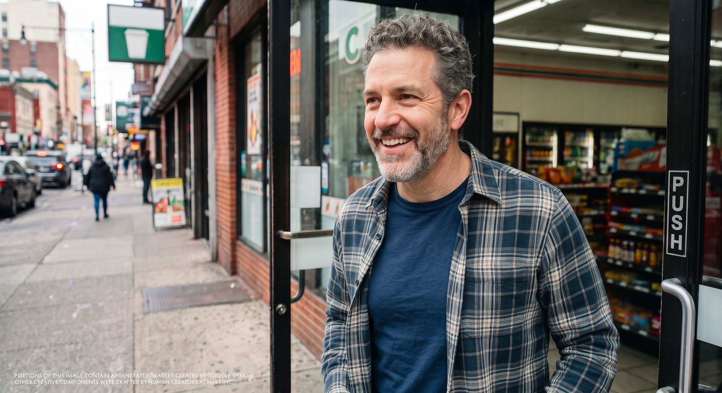 Man smiling outside of a market store.